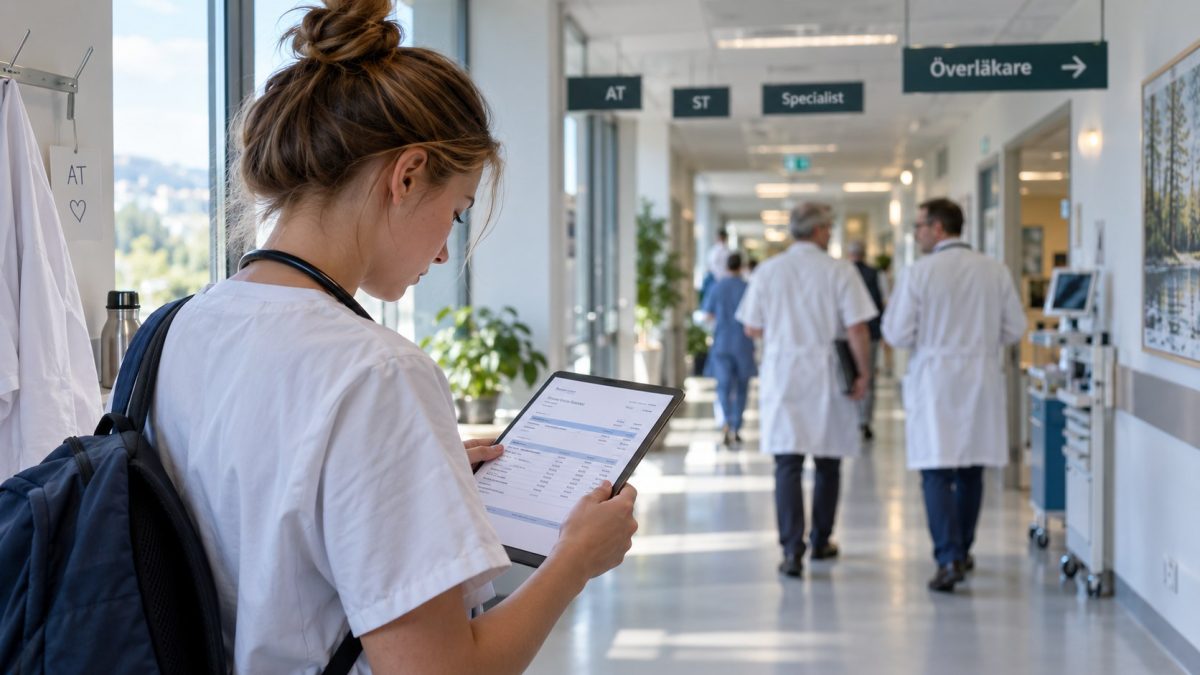 Medellön ca 96 800 kr – men AT-läkaren ligger på 42 000 och vägen till specialist tar tolv år. Lönetrappan, specialiteternas hierarki och skatten på höga inkomster.