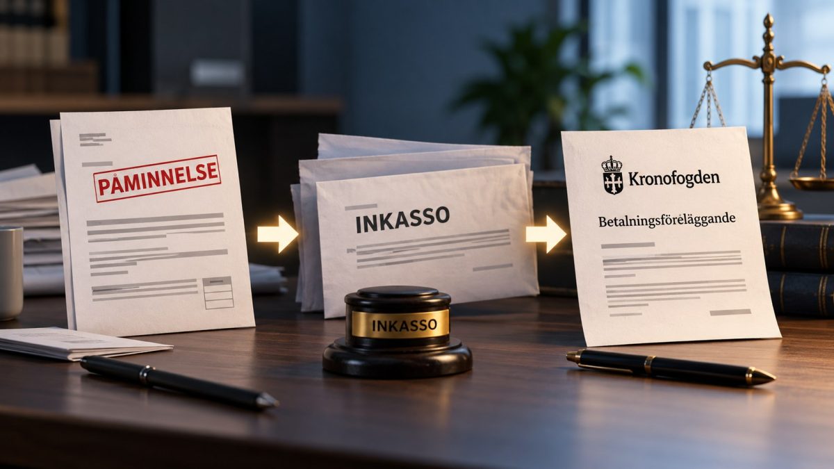 Så driver du in en obetald faktura. Påminnelse, inkasso, betalningsföreläggande hos Kronofogden – med kostnader och tidsramar.